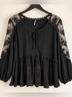 Free People Black Lace Sleeve Boho Peplum Blouse Tie Front Romantic shirt small